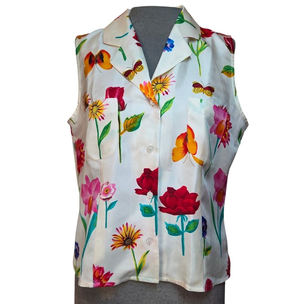 Sleevless Floral Print Silk Blouse Size Medium